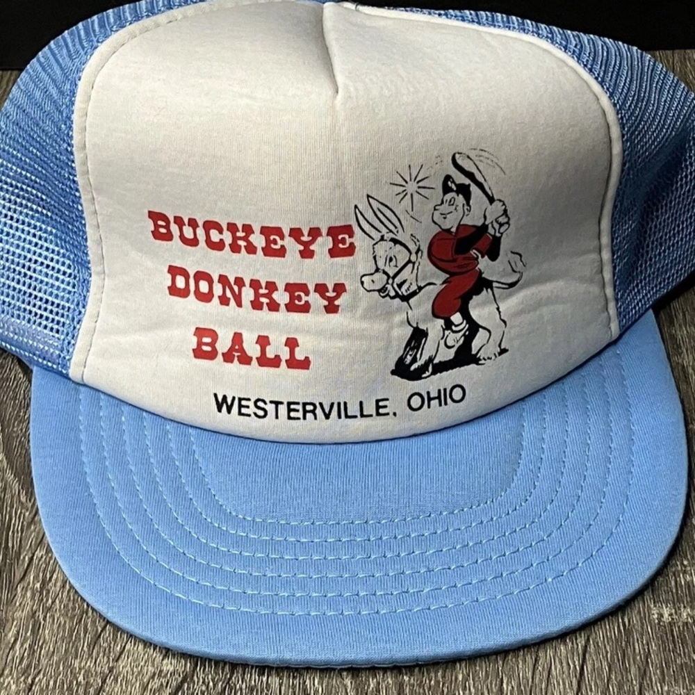 Vintage Buckeye Donkey Ball Trucker Hat Cap Westerville Oh White Blue OSFA RARE